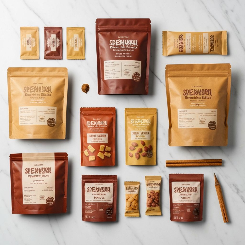 Custom branded packaging samples for snacks and spices